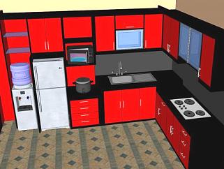 现代室内红色L型厨房SU模型下载_sketchup草图大师SKP模型