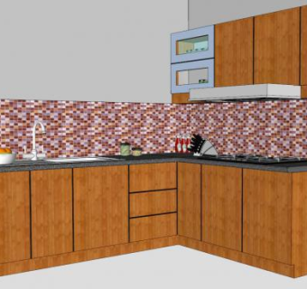 现代L型实木橱柜厨房SU模型下载_sketchup草图大师SKP模型