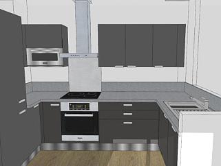 现代U型室内规划厨房SU模型下载_sketchup草图大师SKP模型