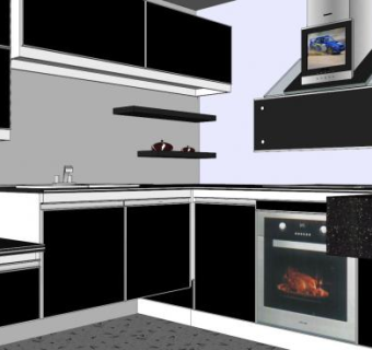 现代厨房L型黑色橱柜SU模型下载_sketchup草图大师SKP模型