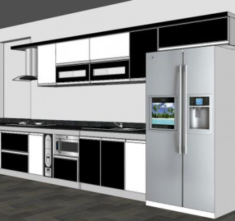 现代家具一字型橱柜厨房SU模型下载_sketchup草图大师SKP模型