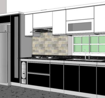 一字型厨房室内装修SU模型下载_sketchup草图大师SKP模型