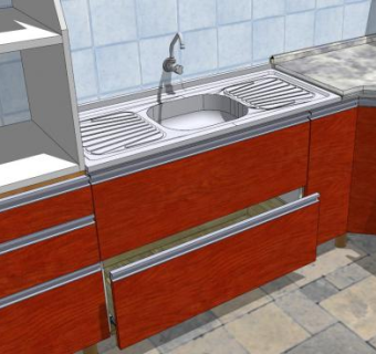 现代L型红色定制厨房SU模型下载_sketchup草图大师SKP模型