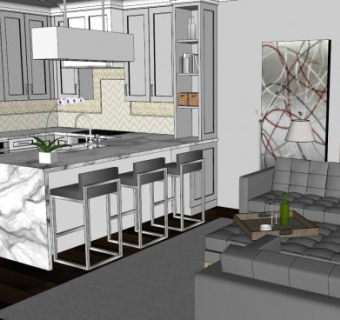 开放式室内厨房家具SU模型下载_sketchup草图大师SKP模型