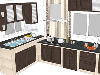 现代L型厨房家具装修SU模型下载_sketchup草图大师SKP模型