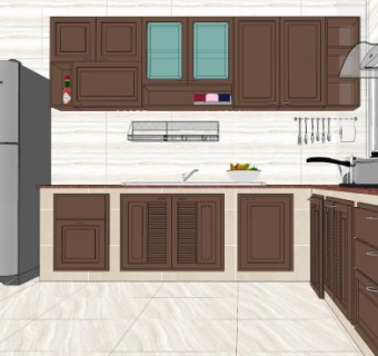开放式L型厨房家具SU模型下载_sketchup草图大师SKP模型