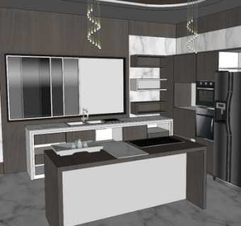 现代化岛型室内厨房SU模型下载_sketchup草图大师SKP模型