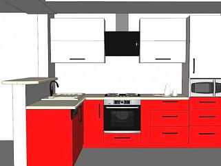 现代红白L型厨房SU模型下载_sketchup草图大师SKP模型