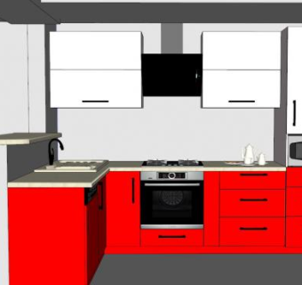 现代红白L型厨房SU模型下载_sketchup草图大师SKP模型