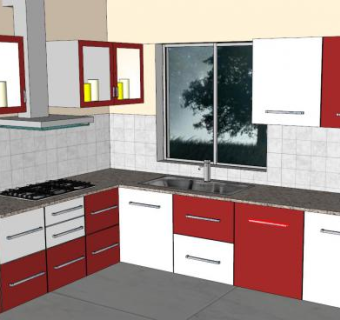 现代L型红白厨房SU模型下载_sketchup草图大师SKP模型