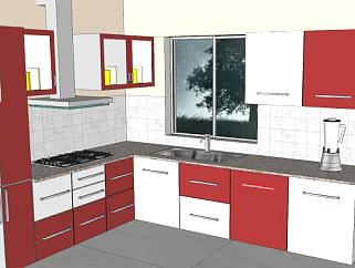 现代L型红白厨房SU模型下载_sketchup草图大师SKP模型