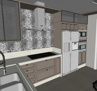 现代L型厨房餐桌装修SU模型下载_sketchup草图大师SKP模型