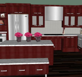 复古L型红木厨房SU模型下载_sketchup草图大师SKP模型
