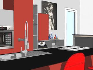 现代红色厨房橱柜装修SU模型下载_sketchup草图大师SKP模型