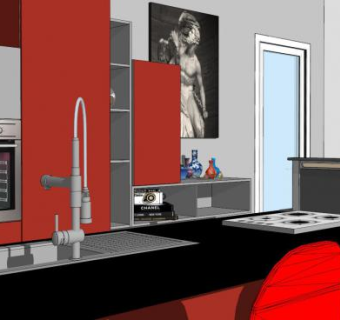现代红色厨房橱柜装修SU模型下载_sketchup草图大师SKP模型