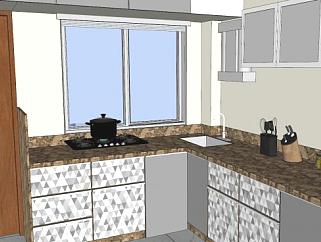 现代室内L型厨房家具装修SU模型下载_sketchup草图大师SKP模型