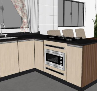 现代转角厨房橱柜餐桌SU模型下载_sketchup草图大师SKP模型