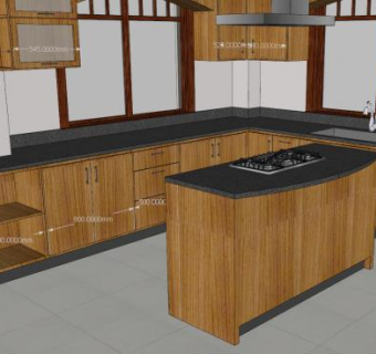 实木橱柜岛型厨房SU模型下载_sketchup草图大师SKP模型