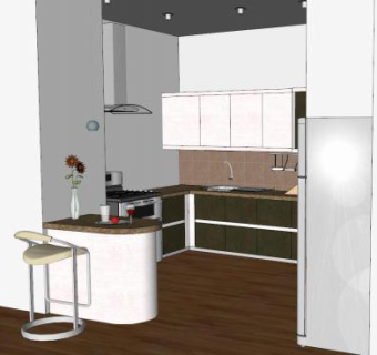 现代回型室内小厨房SU模型下载_sketchup草图大师SKP模型