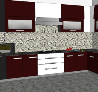 简约风格红色L型厨房SU模型下载_sketchup草图大师SKP模型