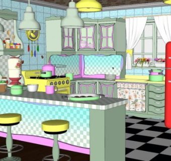 复古漂亮厨房装修SU模型下载_sketchup草图大师SKP模型