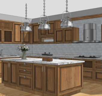 现代岛型木质厨房SU模型下载_sketchup草图大师SKP模型