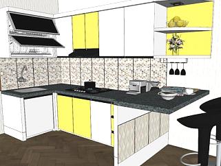 现代L型室内装修厨房SU模型下载_sketchup草图大师SKP模型