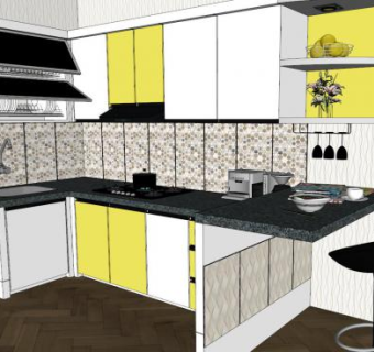 现代L型室内装修厨房SU模型下载_sketchup草图大师SKP模型