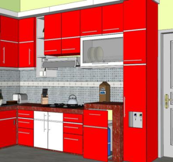 现代红色橱柜厨房装修SU模型下载_sketchup草图大师SKP模型
