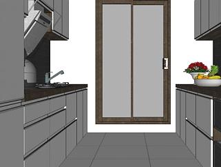 现代走廊式厨房橱柜SU模型下载_sketchup草图大师SKP模型
