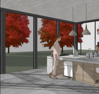 现代艺术一字型橱柜厨房SU模型下载_sketchup草图大师SKP模型