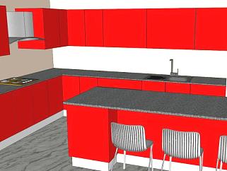 现代红色岛型厨房SU模型下载_sketchup草图大师SKP模型