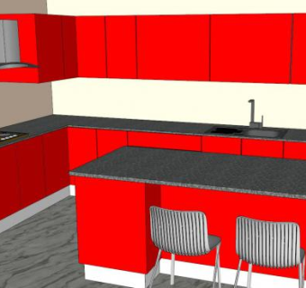 现代红色岛型厨房SU模型下载_sketchup草图大师SKP模型