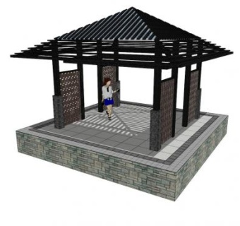 新中式半开敞凉亭SU模型下载_sketchup草图大师SKP模型