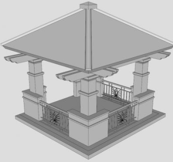 新中式四角雕花护栏凉亭SU模型下载_sketchup草图大师SKP模型
