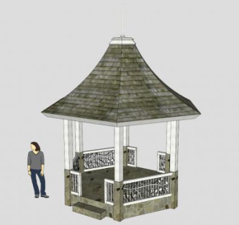 六角雕艺护栏攒尖亭SU模型下载_sketchup草图大师SKP模型