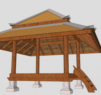 户外木制四角攒尖亭SU模型下载_sketchup草图大师SKP模型