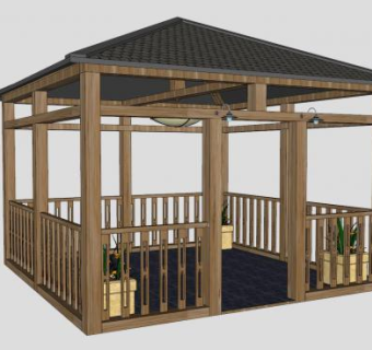 新中式方形观景凉亭SU模型下载_sketchup草图大师SKP模型