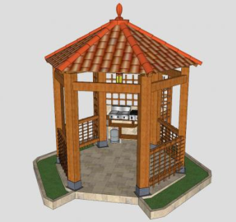 中式户外烧烤花园木亭SU模型下载_sketchup草图大师SKP模型
