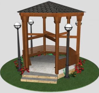 木制瓦檐凉亭SU模型下载_sketchup草图大师SKP模型