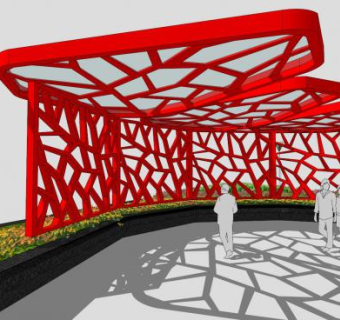 户外红色玻璃雨棚观景廊架SU模型下载_sketchup草图大师SKP模型
