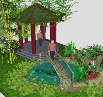 园林观景凉亭水景桥梁SU模型下载_sketchup草图大师SKP模型