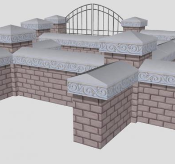 房屋砖墙围墙和铁艺门SU模型下载_sketchup草图大师SKP模型