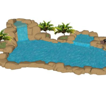 园林石造观景流水池塘SU模型下载_sketchup草图大师SKP模型