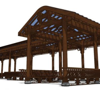 中式木制廊檐廊道SU模型下载_sketchup草图大师SKP模型
