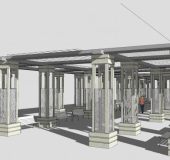 现代户外廊架廊道座椅SU模型下载_sketchup草图大师SKP模型