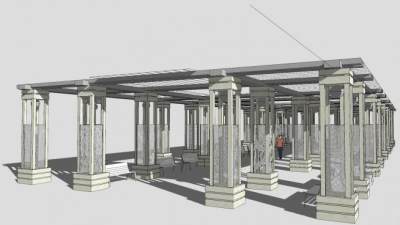 现代户外廊架廊道座椅SU模型下载_sketchup草图大师SKP模型