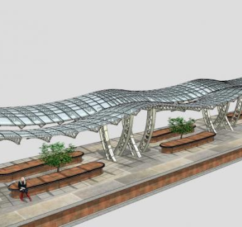 车站波浪型廊架和石凳SU模型下载_sketchup草图大师SKP模型