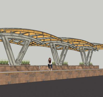 拱形框架半透明的车站雨棚SU模型下载_sketchup草图大师SKP模型