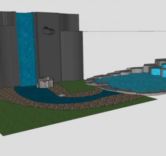 假山瀑布池塘观景SU模型下载_sketchup草图大师SKP模型